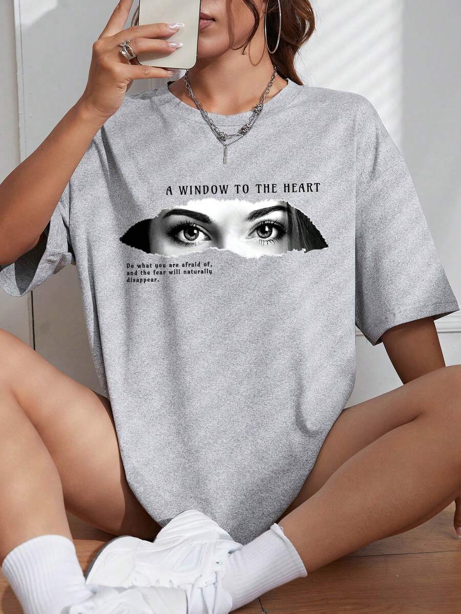 SHEIN EZwear 標語和人物圖案落肩T恤 - 灰色 - 查看 1