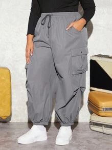 SHEIN CURVE+ Của phụ nữ Kích thước lớn Đàn hồi Dây thắt lưng , Túi bên hông Và Chi tiết dây kéo Trở viền Quần - Xám - Xem 7