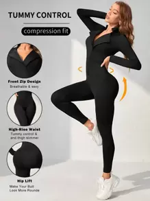 Easithlete Half Zip Thumb Holes Unitard Jumpsuit - Black - View 1