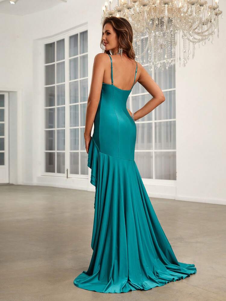 Ruffle Trim High Low Hem Formal Dress