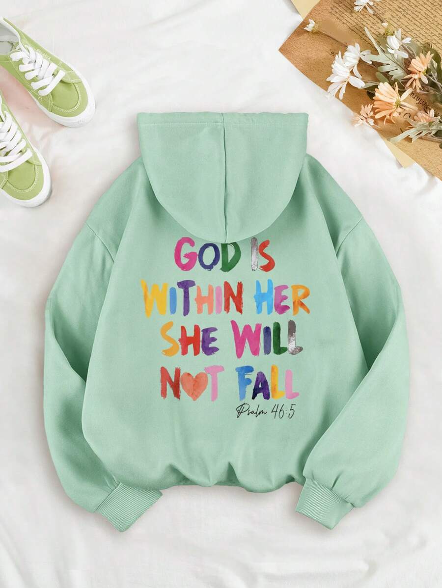 INAWLY Áo hoodie lót nhiệt có dây rút in khẩu hiệu CHÚA Ở TRONG CÔ ẤY CÔ ẤY SẼ KHÔNG NGÃ Bài thánh ca, Áo dài tay - Màu xanh Bạc hà - Xem 1