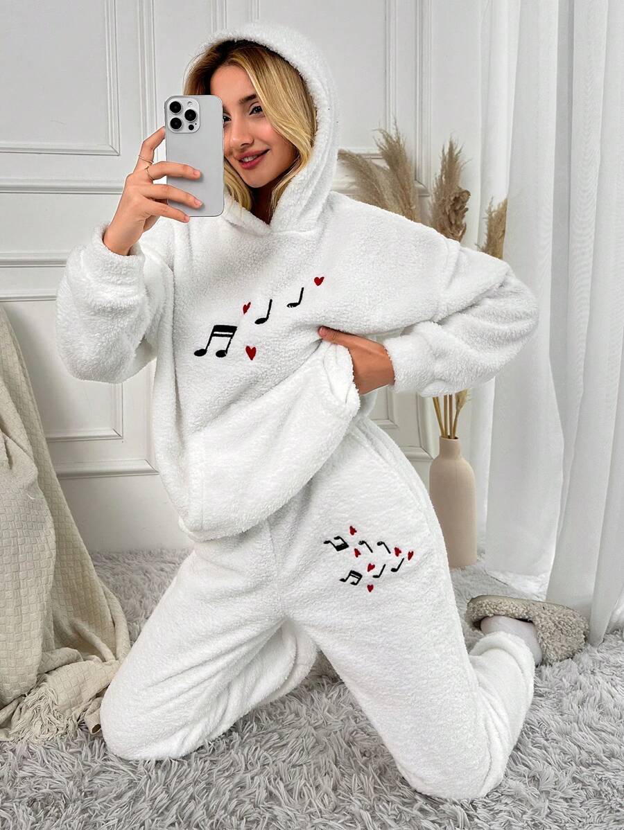 EURMUSE Heart Embroidery Drop Shoulder Teddy Hoodie & Pants - White - View 1