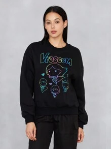JUSTICE LEAGUE X SHEIN 字母及卡通圖形垂墜肩寬大款春秋季圓領套頭衛衣 - 黑色 - 查看 4