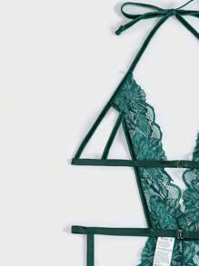 Exotic-Bondage Lace Crotchless Teddy Bodysuit & 1pair Hand Ring, Lingerie - Dark Green - View 6