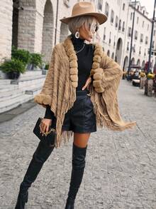 SHEIN LUNE 段染毛茸邊流蘇下擺蝙蝠袖開襟衫 - 棕色 - 查看 3