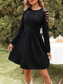 SHEIN LUNE Rhinestone Detail Cut Out Dress - Black - View 3