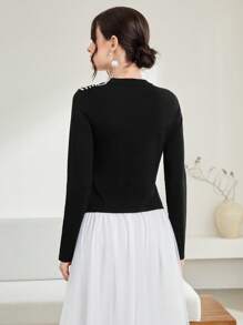 Modelyn Faux Pearls Beaded Cut Out Shoulder Knit Pullover Fall Winter Sweater - Black - View 2