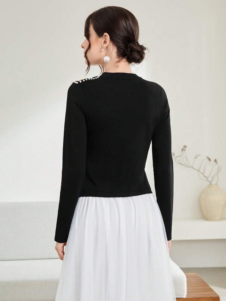 Faux Pearls Beaded Cut Out Shoulder Knit Pullover Fall Winter Sweater