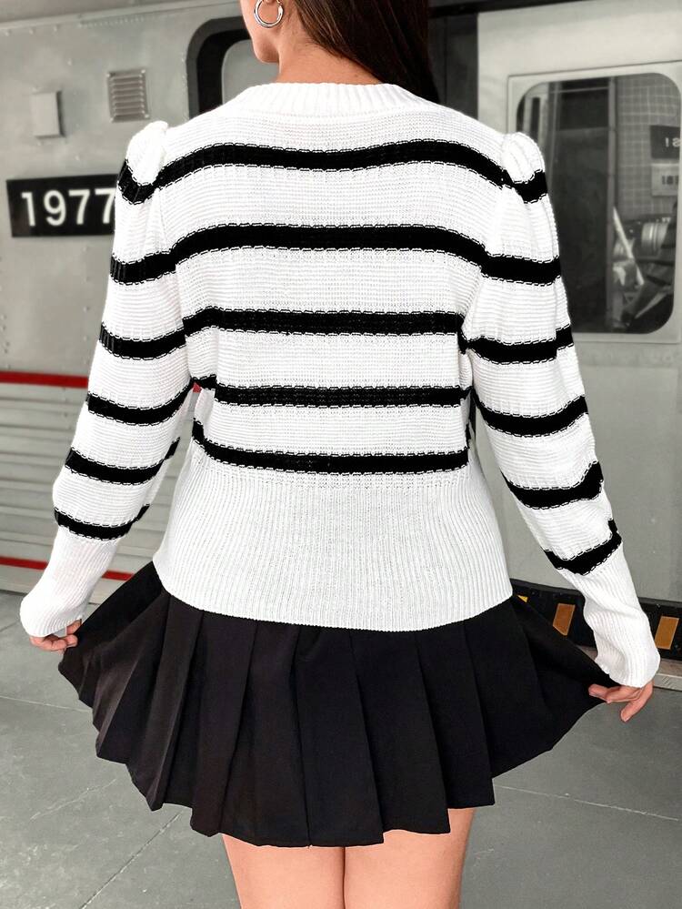 Plus Striped Pattern Square Neck Puff Sleeve Sweater Knit Pullover Fall Winter Sweater