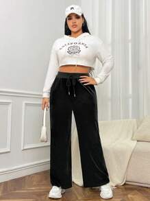 SHEIN EZwear Women's Plus Size Black Velvet Drawstring Waist Straight Leg Pants - Black - View 3