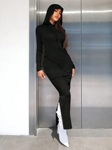 SHEIN ICON Chất rắn Tách đùi áo có mũ Váy bodycon - màu đen - Xem 4