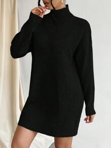 EURMUSE Women's Turtleneck Drop Shoulder Sweater Dress - Black - View 5