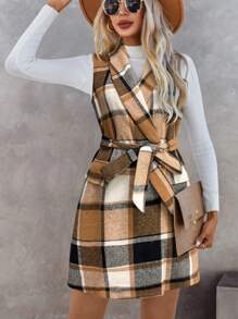 SHEIN Unity 格紋印花青果領腰帶背心洋裝無毛衣 - 卡其色 - 查看 6