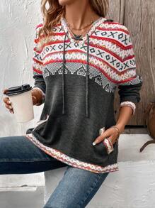 SHEIN LUNE Hooded Sweater With Geometric Pattern And Front Tie - Multicolor - View 5