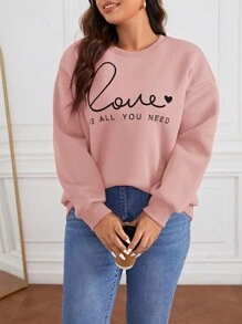 SHEIN Essnce 大碼愛心和標語圖案落肩袖運動衫 - 粉色 - 查看 5