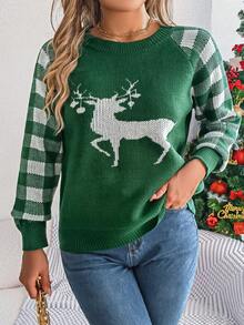 Christmas Elk Pattern Raglan Sleeve Sweater - Green - View 3