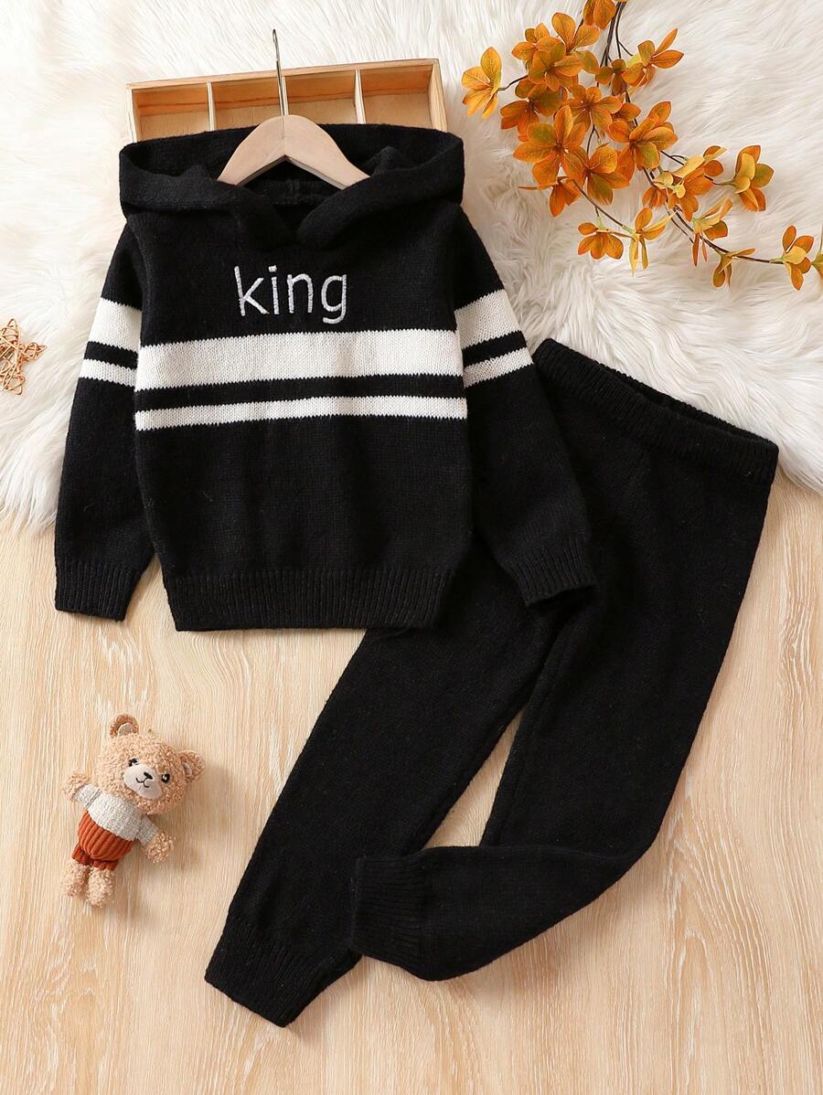 SHEIN Young Boy Letter Pattern Hooded Sweater & Knit Pants - Multicolor - View 1