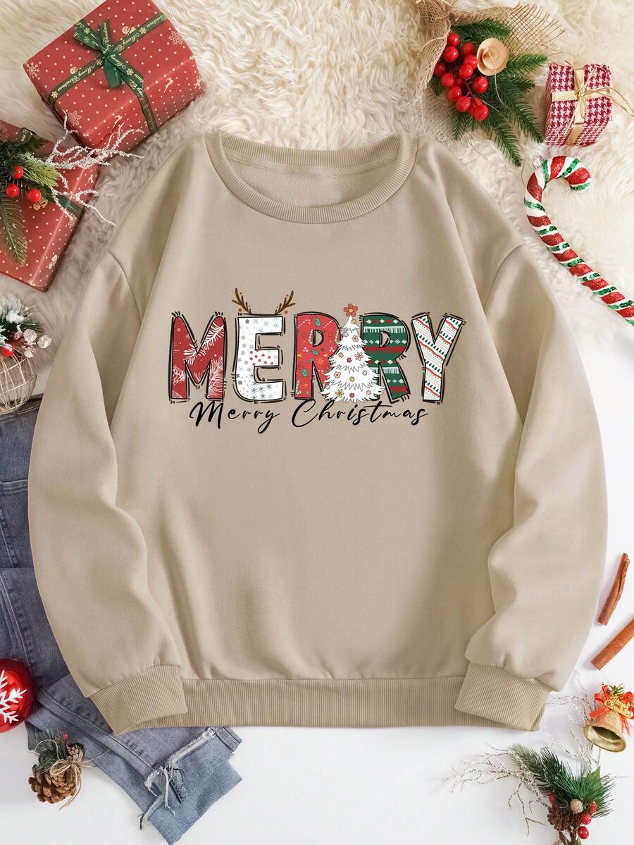 SHEIN EZwear Christmas Print Thermal Lined Sweatshirt - Khaki - View 1