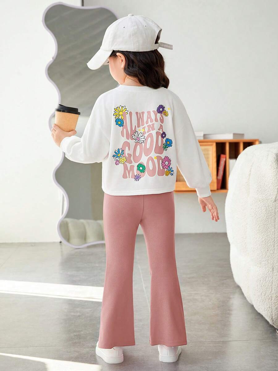 SHEIN 女小童標語圖案落肩袖套頭衫&喇叭褲 - 粉色 - 查看 1
