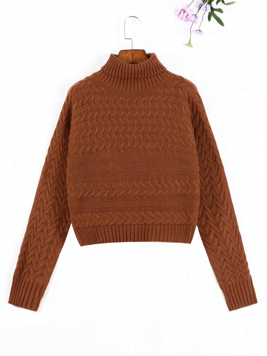 Teen Girl Turtleneck Cable Knit Drop Shoulder Sweater - Brown - View 1