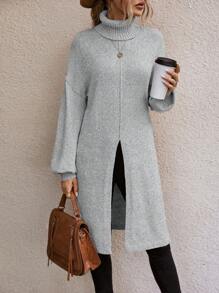 EMERY ROSE Turtleneck Drop Shoulder Split Hem Sweater Knit Pullover Fall Winter Outfit - Light Grey - View 4