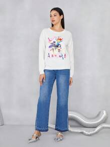 JUSTICE LEAGUE X SHEIN Cartoon & Letter Pattern Drop Shoulder Sweater - Putih - View 4