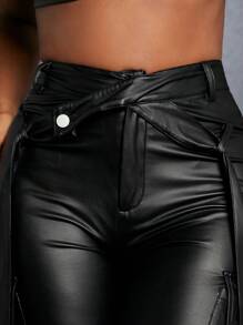 Slaydiva Quần ống đứng màu đen phủ PU Streetwear dành cho nữ có cạp chéo và dây đeo mắt cá chân & nhiều túi - màu đen - Xem 5
