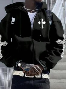 Manfinity EMRG Áo khoác nam in hình chữ thập có dây rút, trùm đầu cỡ lớn, Rapper, Tay dài, Đi chơi, Áo khoác mỏng - màu đen - Xem 1