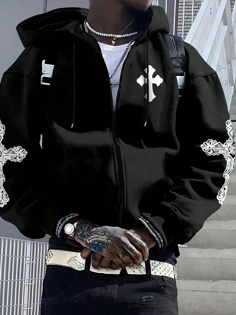 Manfinity EMRG Áo khoác nam in hình chữ thập có dây rút, trùm đầu cỡ lớn, Rapper, Tay dài, Đi chơi, Áo khoác mỏng - màu đen - Xem 1