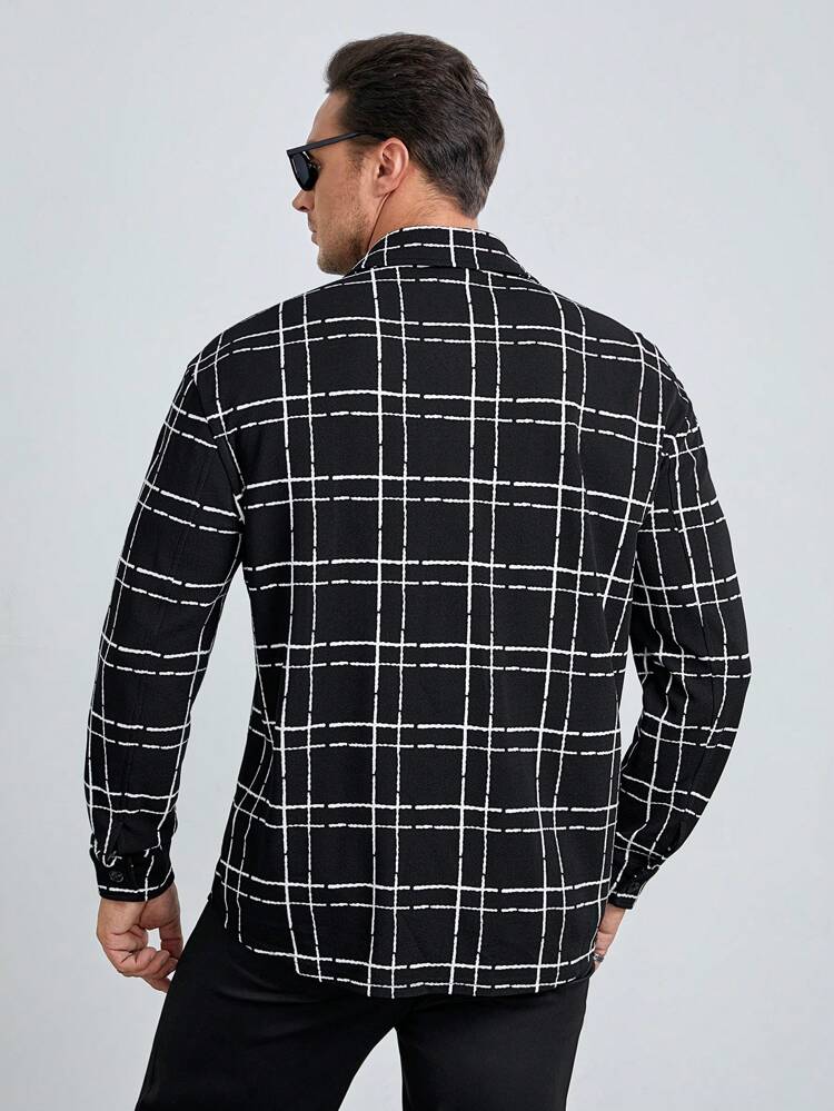 Men's Plus Size Loose Fit Plaid Print Shacket With Flap Pockets, For Fall Winter