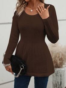 SHEIN LUNE Solid Scoop Neck Sweater - Chocolate Brown - View 1