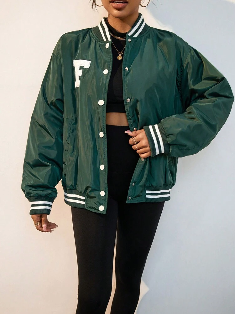 Women Casual Contrast Color Stripe Letter Embroidered BaseballPadded Insulated Polyfill Synthetic Insulation Winter Coat Winter Jacket Jacket, Winter Clothes Padded Padded Coat Fall Cloth For Women