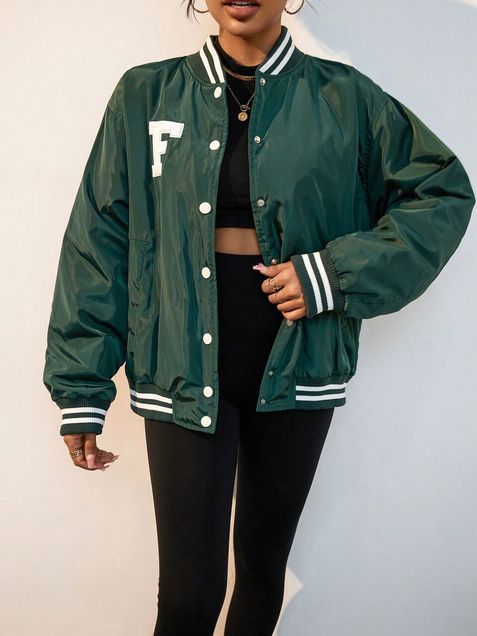 Women Dark Green Baseball Padded Insulated Winter Jacket,Contrast Color Stripe Letter Embroidered Polyfill Coat,Casual School Back-To-School Autumn