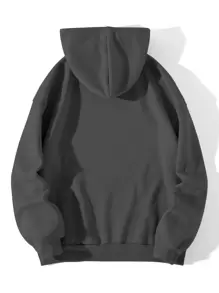 INAWLY Solid Kangaroo Pocket Drawstring Thermal Lined Hoodie,Long Sleeve Tops - Dark Grey - View 2