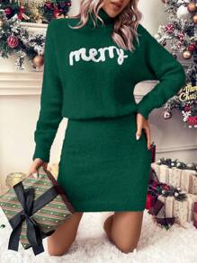 SHEIN Clasi Đồ họa Chữ cái Áo cao cổ Thả vai Đầm Áo len - Màu xanh lá cây đậm - Xem 3