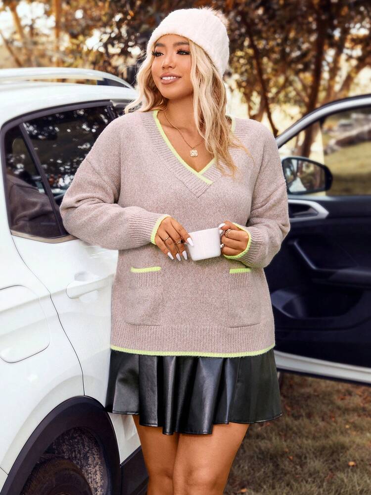 Plus Contrast Binding Dual Pocket Drop Shoulder Sweater Knit Pullover Fall Winter Sweater