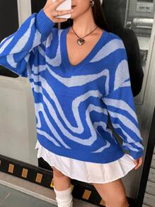 Flirla Suéter de punto con estampado gráfico y hombros caídos, para otoño e invierno - Multicolor - Ver 6