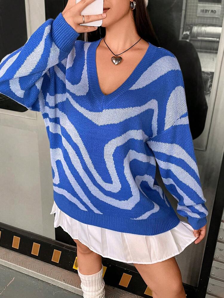 Plus Graphic Pattern Drop Shoulder Sweater Knit Pullover Fall Winter Sweater