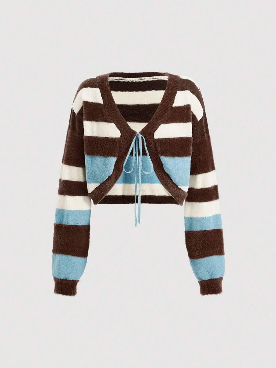 SHEIN MOD Striped Pattern Tie Front Drop Shoulder Crop Cardigan - Multicolor - View 1
