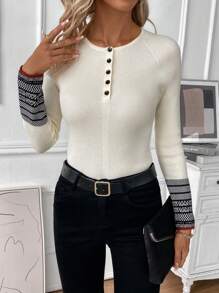 SHEIN LUNE Suéter De Manga Raglán Con Empalme Geométrico Para Mujer - Albaricoque - Ver 5