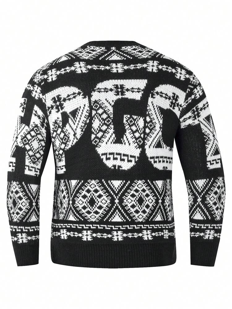 Men's Round Neck Monogram Geometric Pattern Long Sleeve Sweater