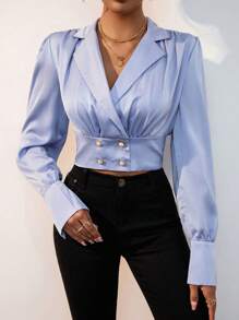 SHEIN Privé Lapel Neck Double Breasted Crop Blouse - Dusty Blue - View 6