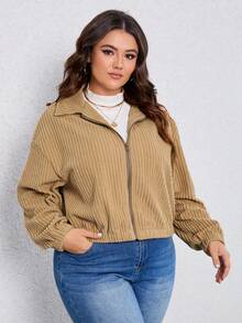 SHEIN LUNE Hơn Thả vai Dây kéo Vải to sợi Áo khoác - Màu Khaki - Xem 5