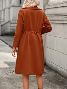 SHEIN Frenchy Tay áo cuộn Eo dây rút Mở Mặt trước áo - Rỉ Nâu - Xem 2