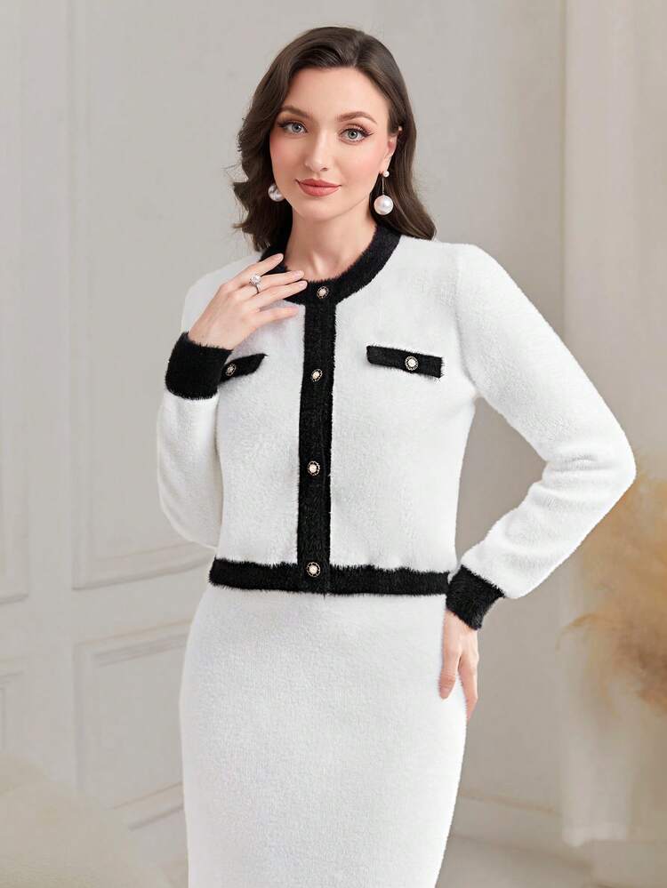 Contrast Trim Button Front Cardigan & Pencil Skirt Set Fall Cloth For Women