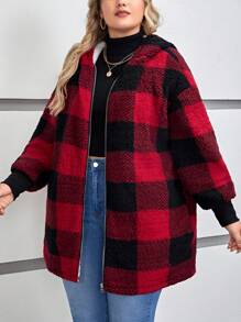 SHEIN LUNE Áo khoác trùm đầu in họa tiết kẻ caro vai trễ của Plus Buffalo, mùa đông - Màu Đỏ Sâu - Xem 4
