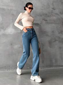 EURMUSE High Waist Straight Leg Jeans - Biru - View 4
