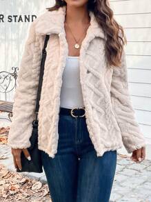 SHEIN LUNE Chất rắn Nút phía trước Áo khoác Teddy - Màu be - Xem 1