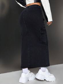 SHEIN ICON Flap Pocket Split Thigh Denim Skirt - Black - View 2