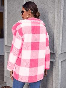 SHEIN LUNE 大方格圖案大翻領絨毛外套 - 粉色 - 查看 2